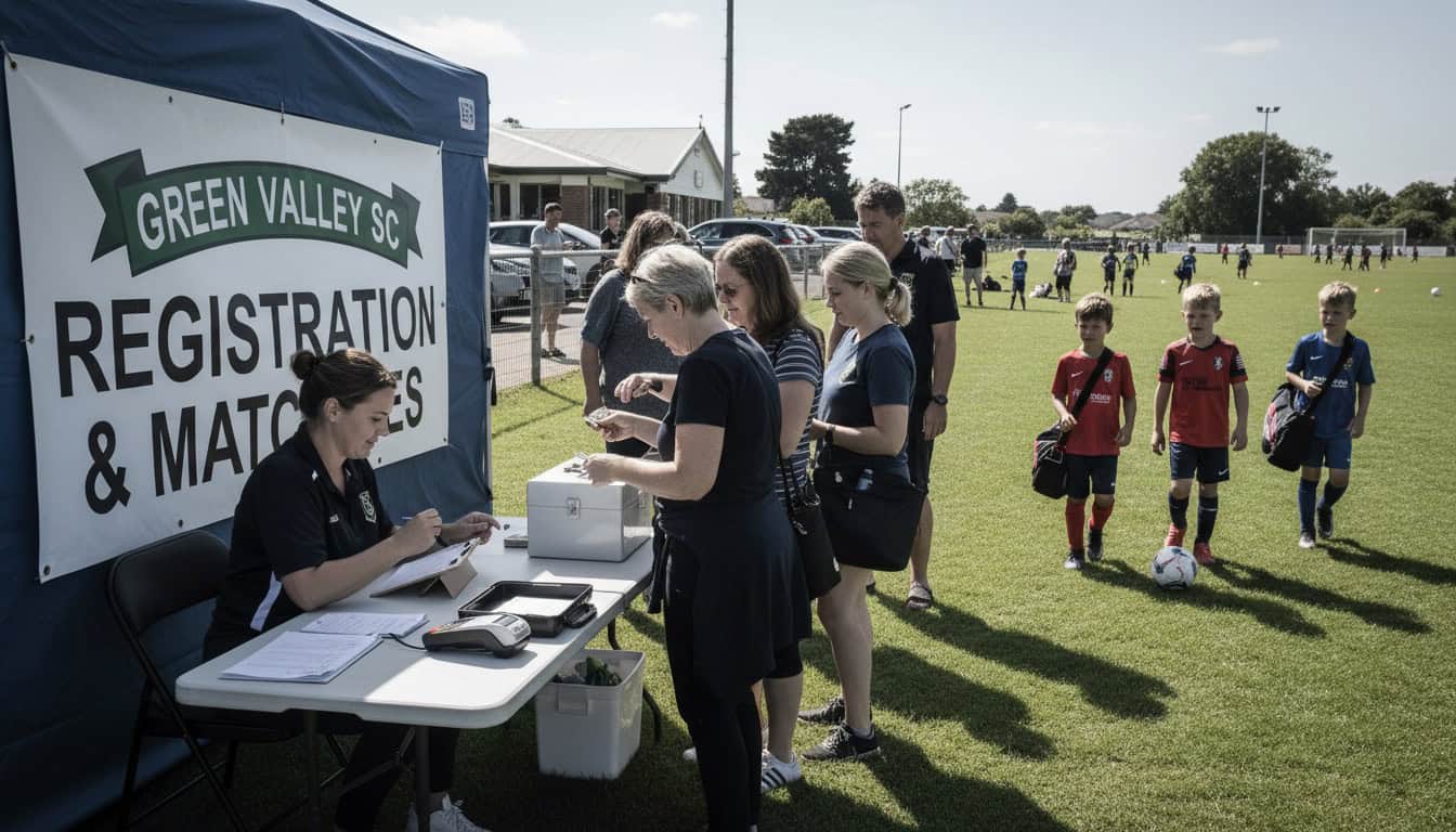 Manager organizing match fees and payments at registration
