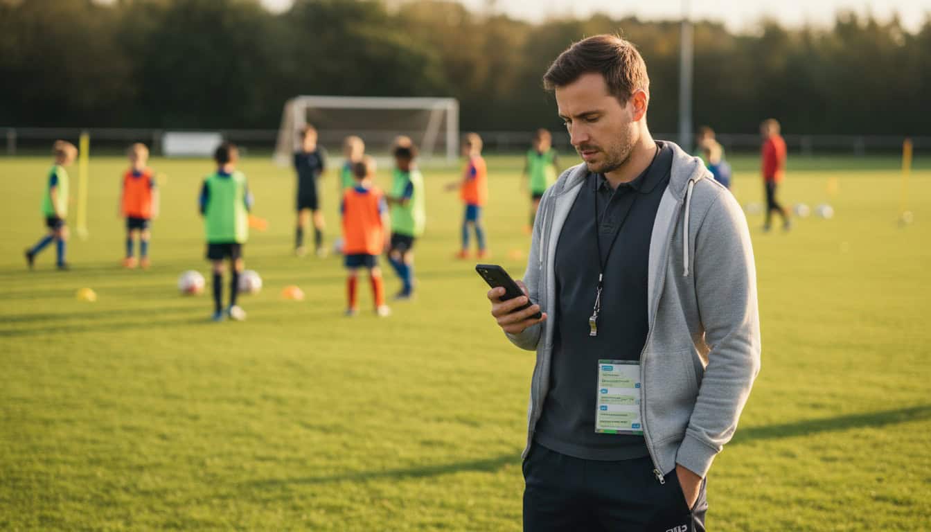 Youth football coach checking smartphone for match request responses