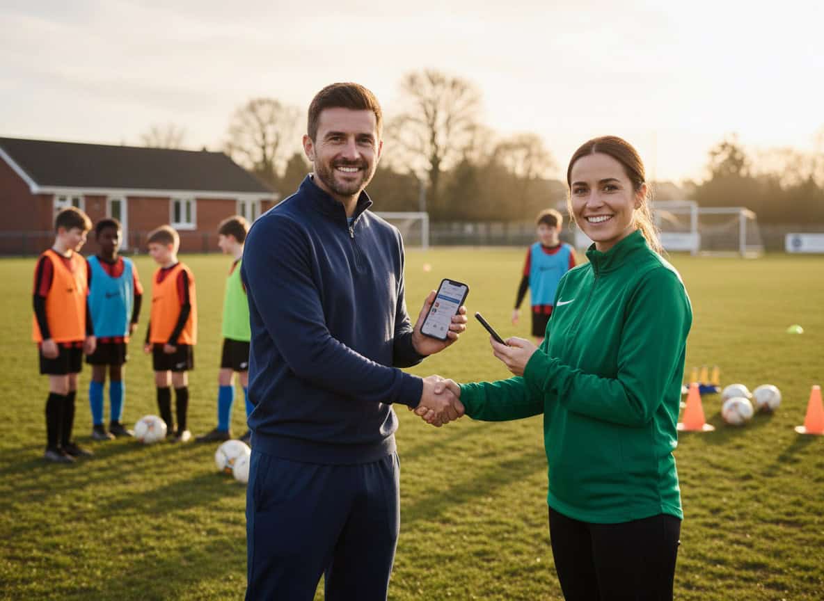 Two team managers exchanging contact details and shaking hands after youth match