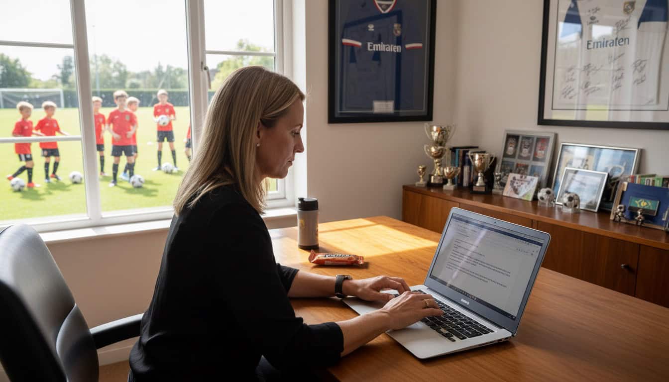 Team manager composing match request email on laptop