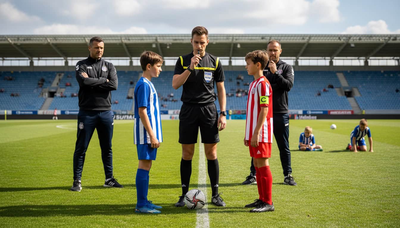 Referee briefing youth team captains on match rules before kickoff