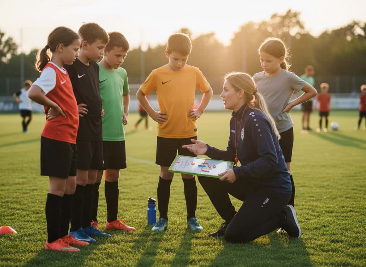 Coach explaining substitution rules to youth players on sideline