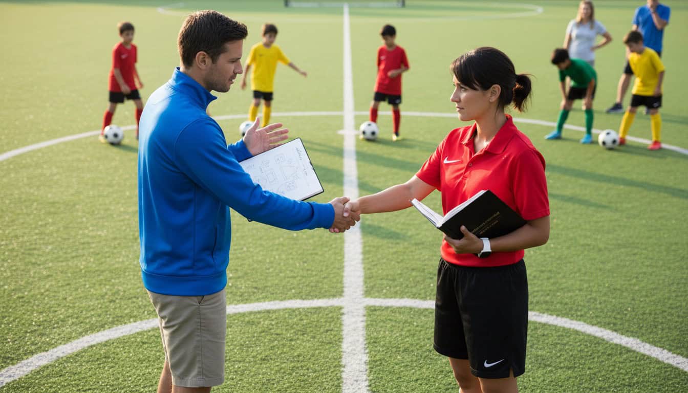 Two coaches discussing match rules before youth friendly at center circle