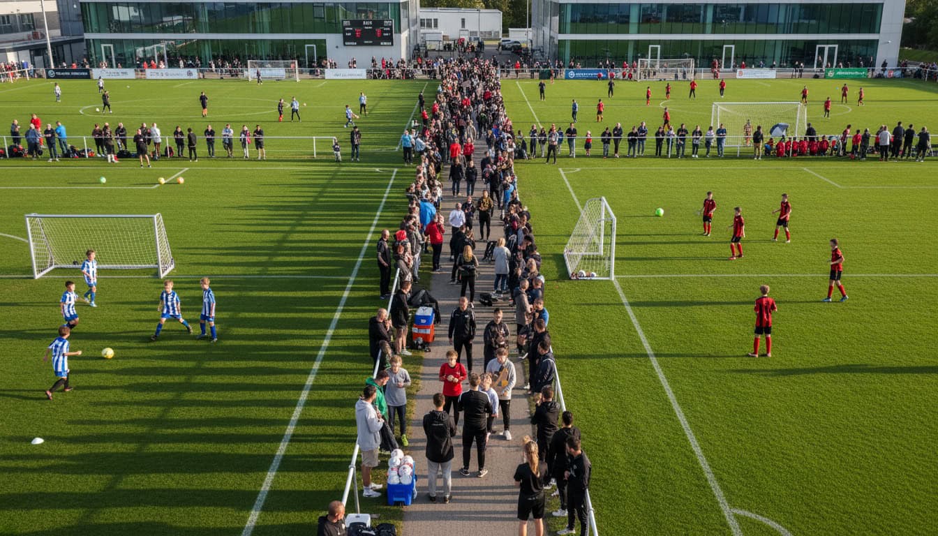 Multiple youth teams playing matches on adjacent pitches