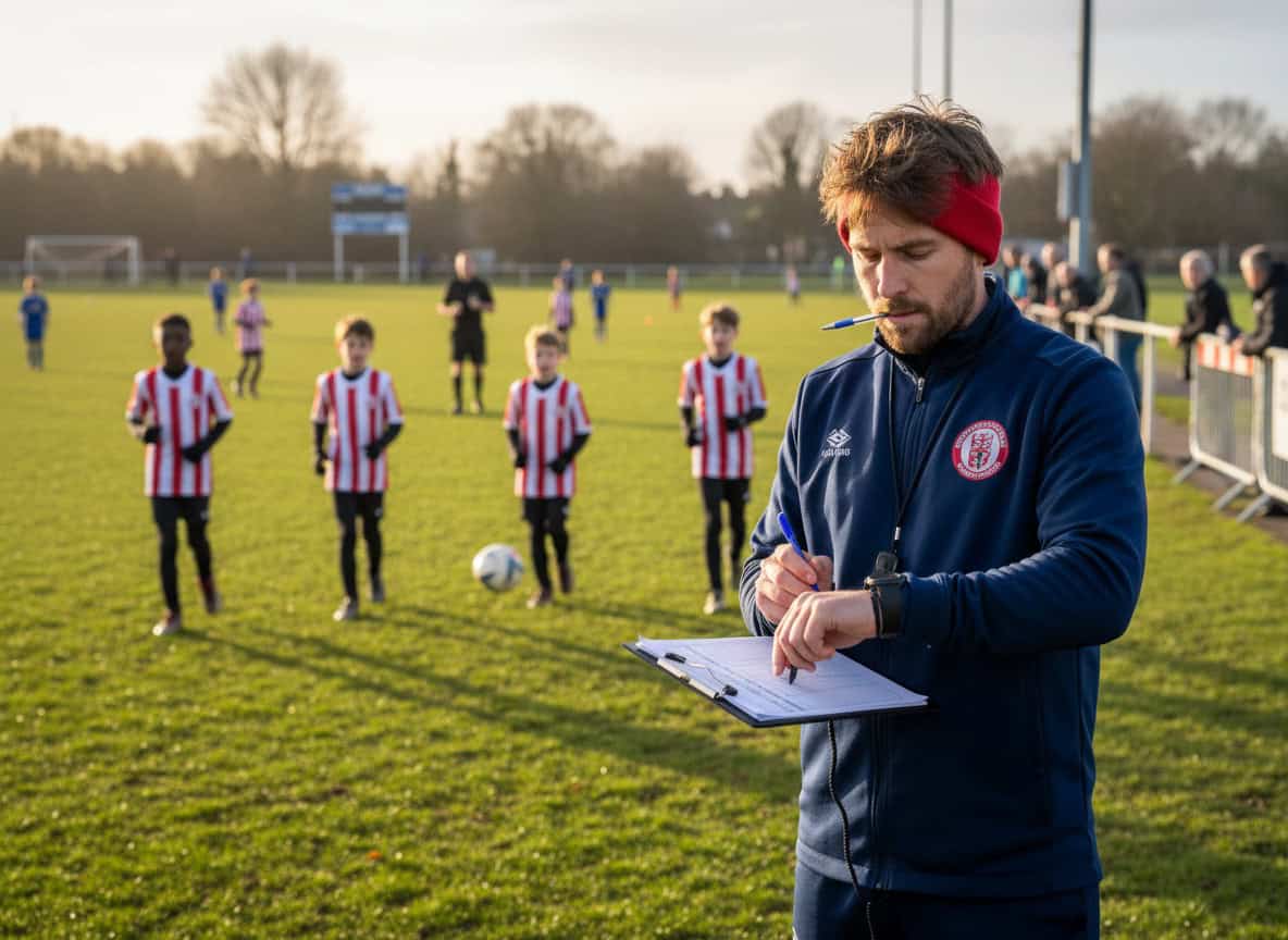 Coach tracking player minutes on sideline during youth match