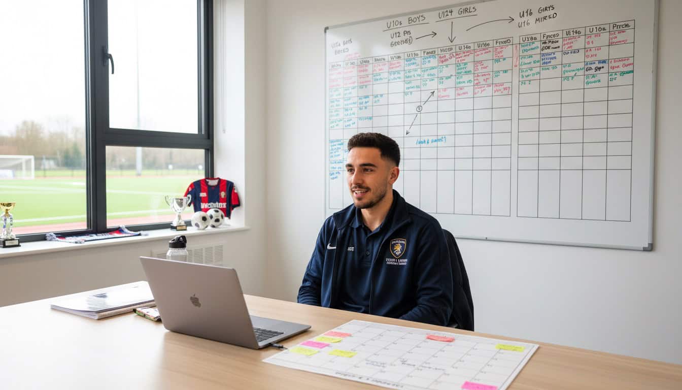 Youth football academy coordinator planning fixture schedule at desk
