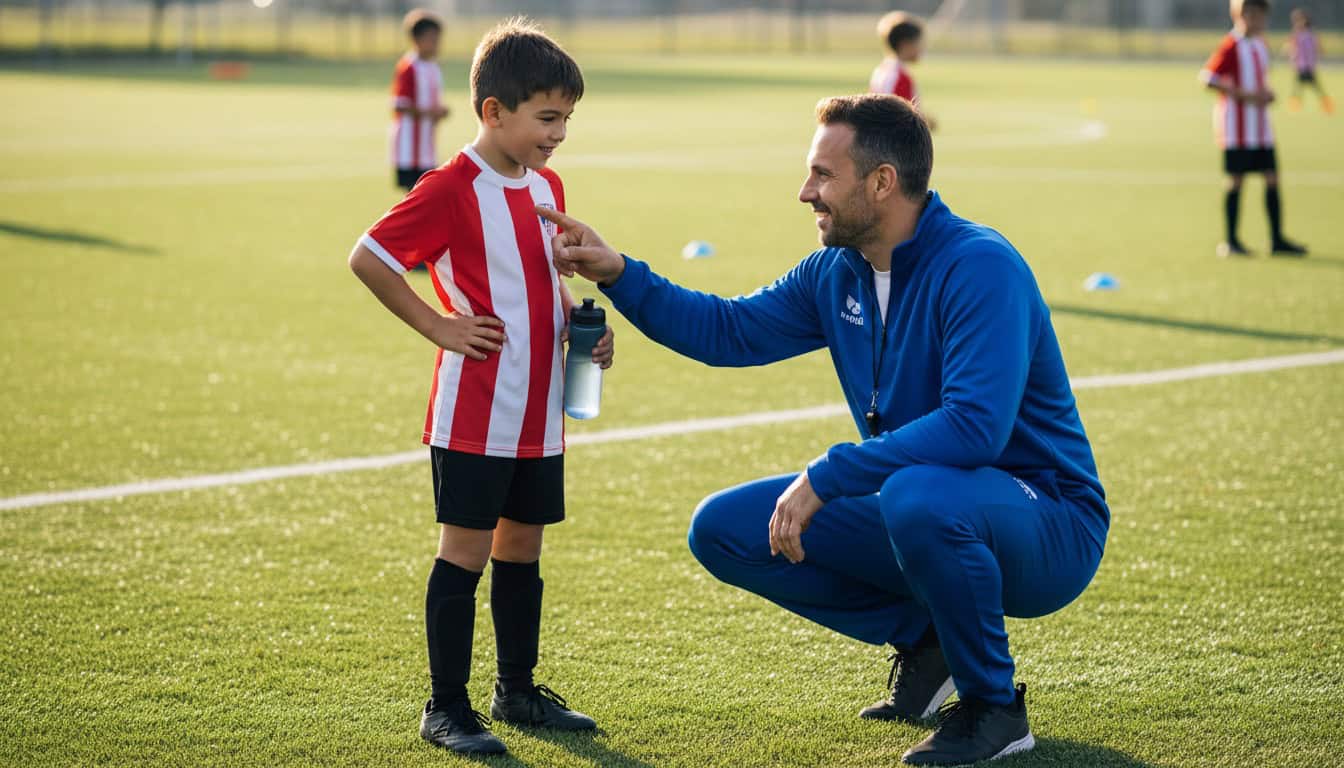 Youth football coach giving positive feedback to young player in one-on-one conversation