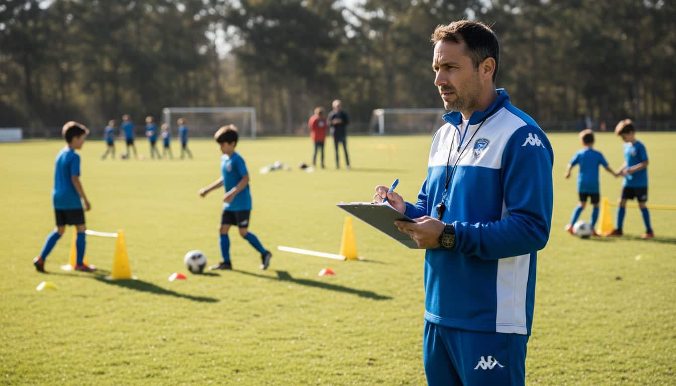 Youth football coach observing and taking notes while watching young players practice skills