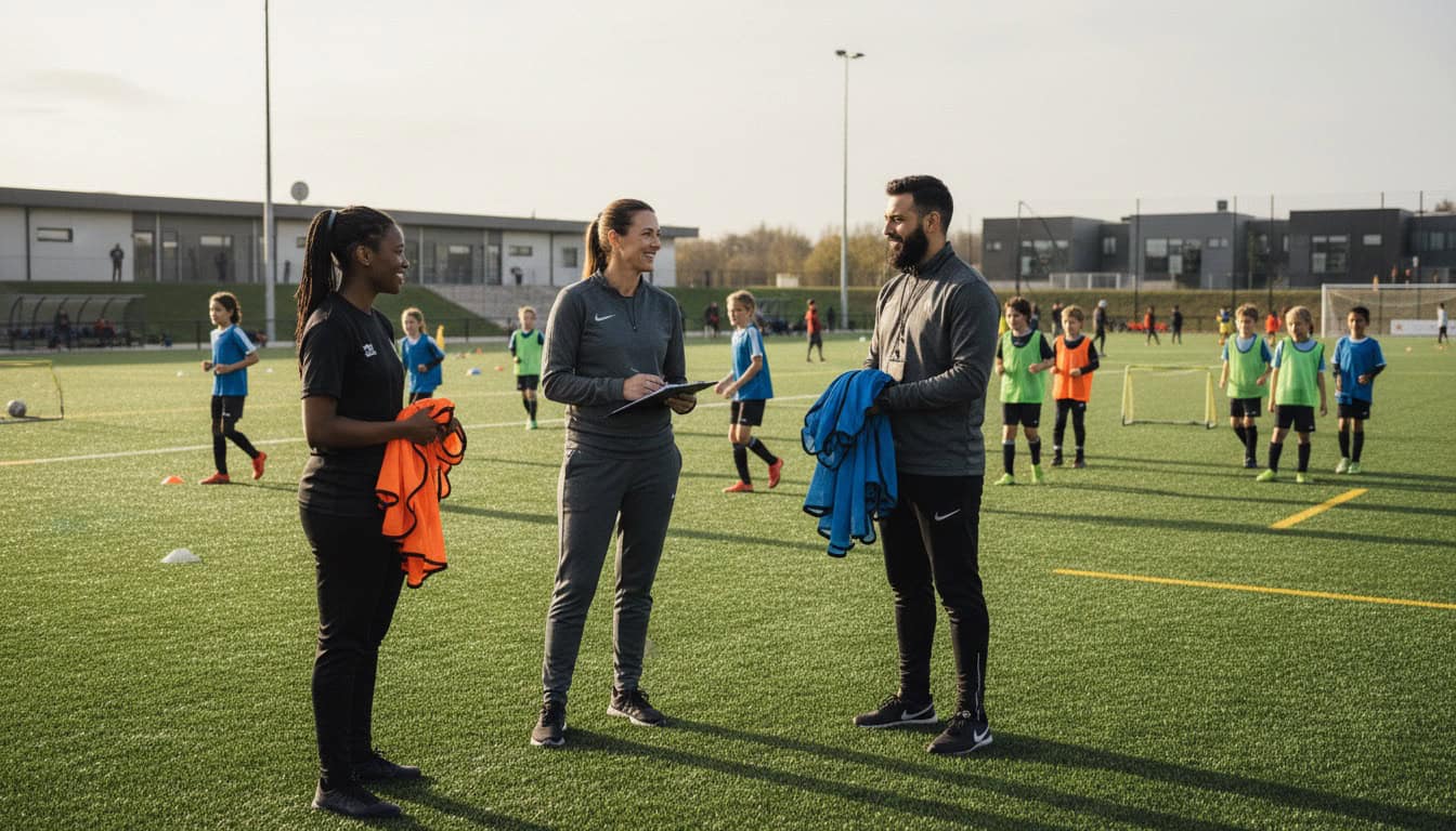Manager coordinating with assistant coaches at community sports complex