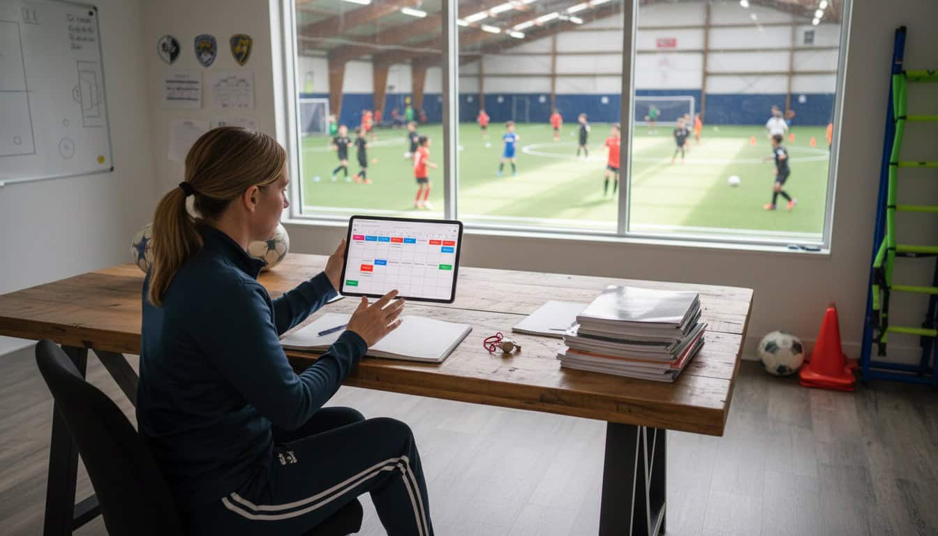 Team manager using tablet with color-coded calendar showing multiple team schedules