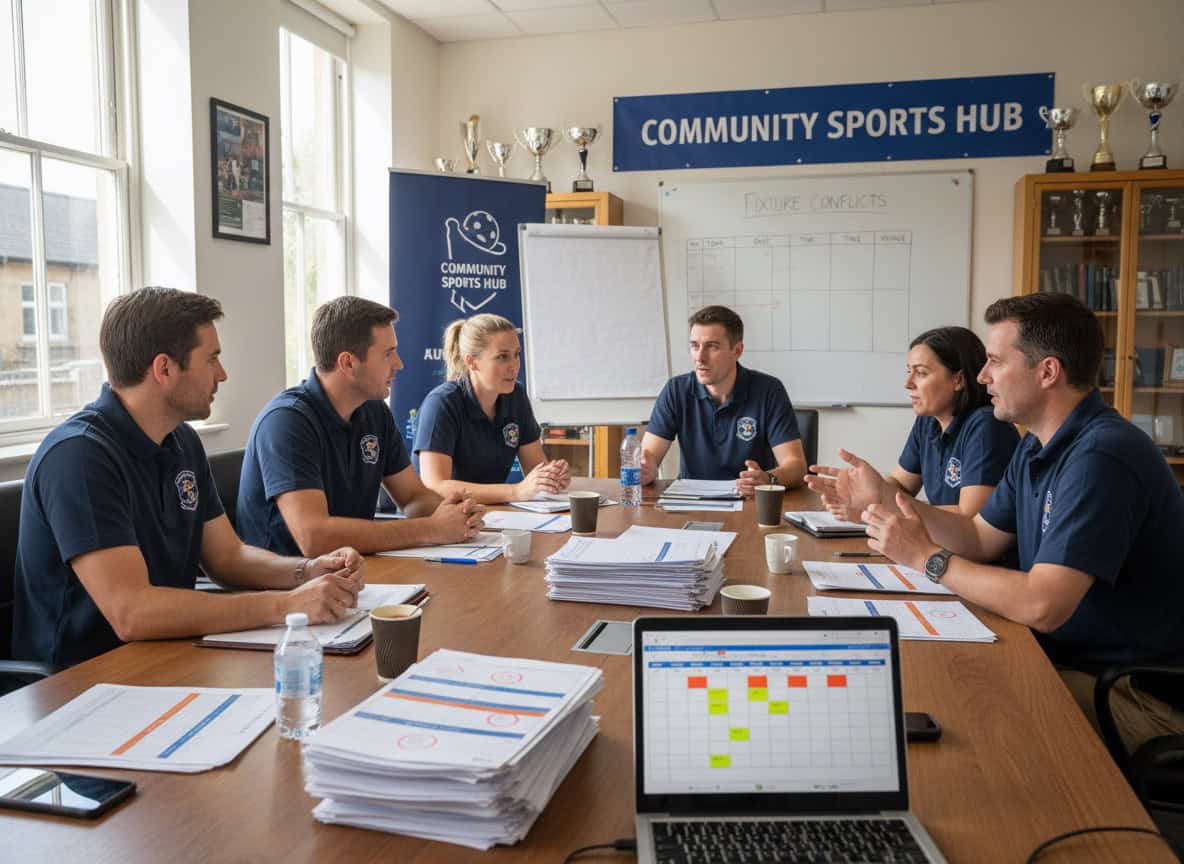 Team managers meeting to discuss and coordinate multiple team schedules