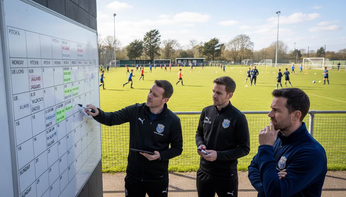 Sports club managers coordinating multiple team schedules on shared calendar