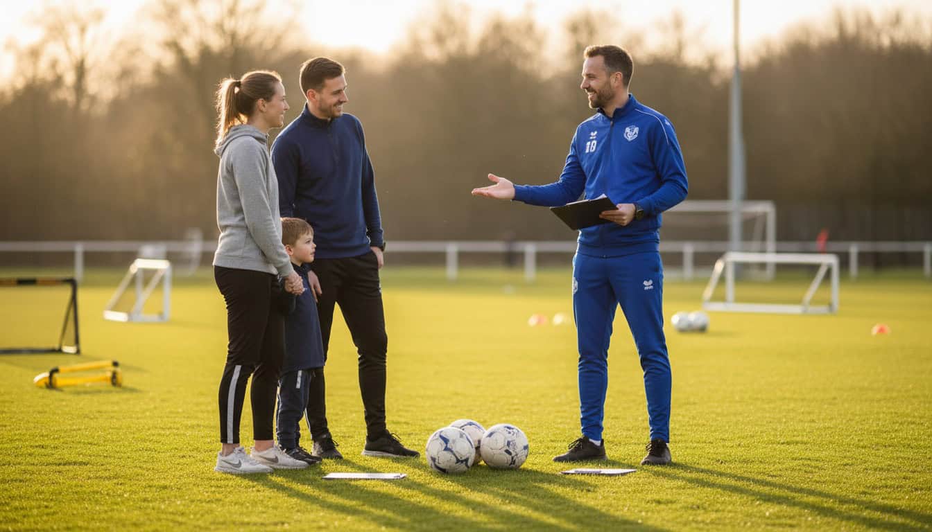 Youth football coach having a friendly conversation with parents after training