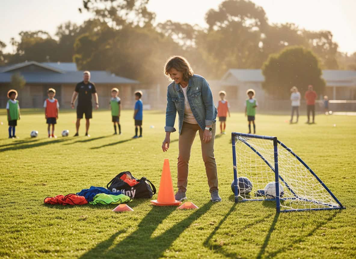 Parent volunteer helping organize youth football equipment