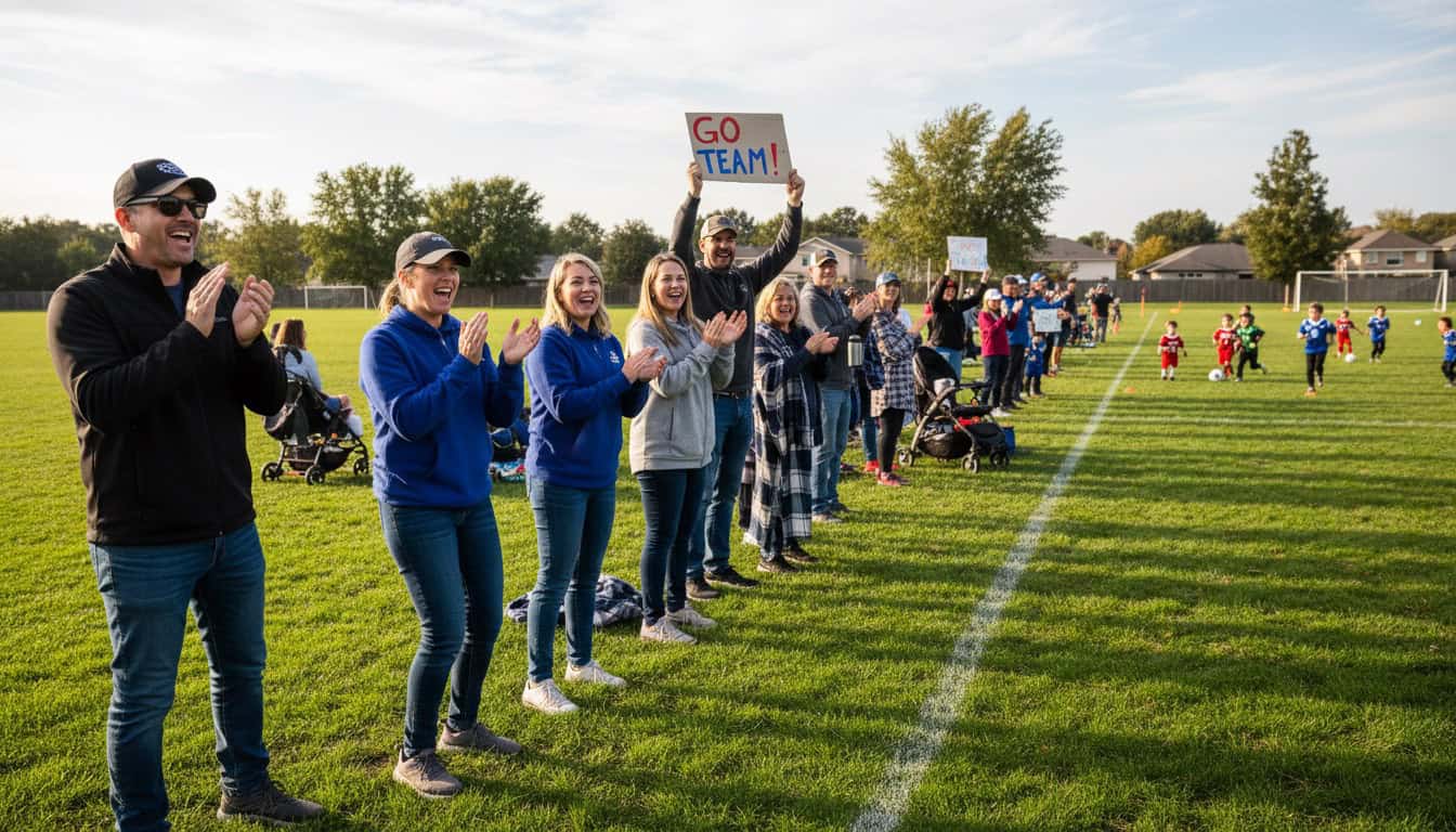 Youth football parents watching their children play from the sideline with supportive expressions