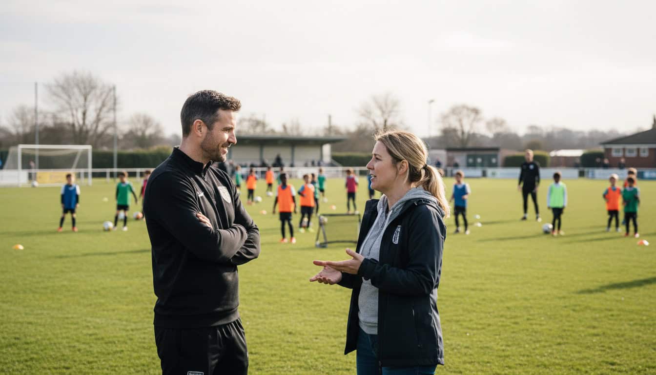 Manager having one-on-one conversation with parent on sideline