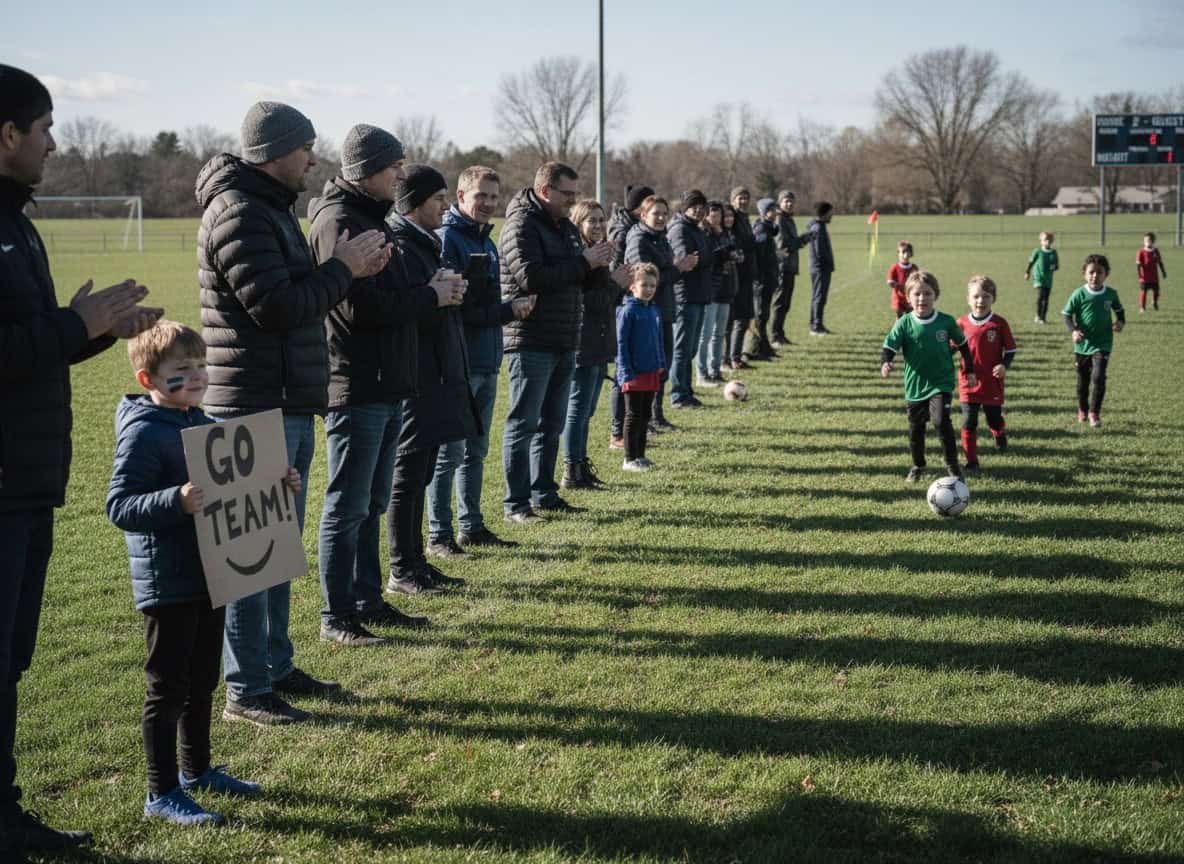 Parents watching youth match from sideline with supportive atmosphere