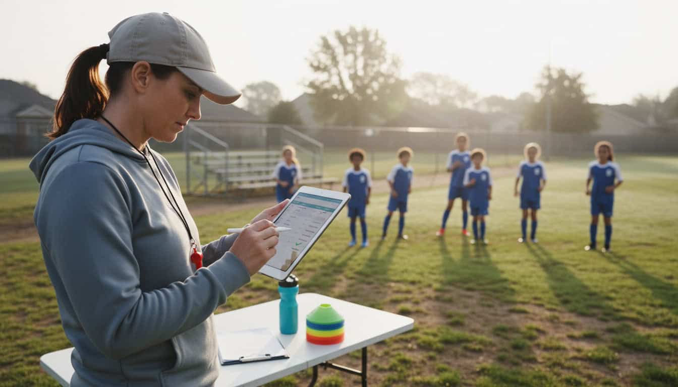Coach reviewing attendance list on tablet while youth team warms up