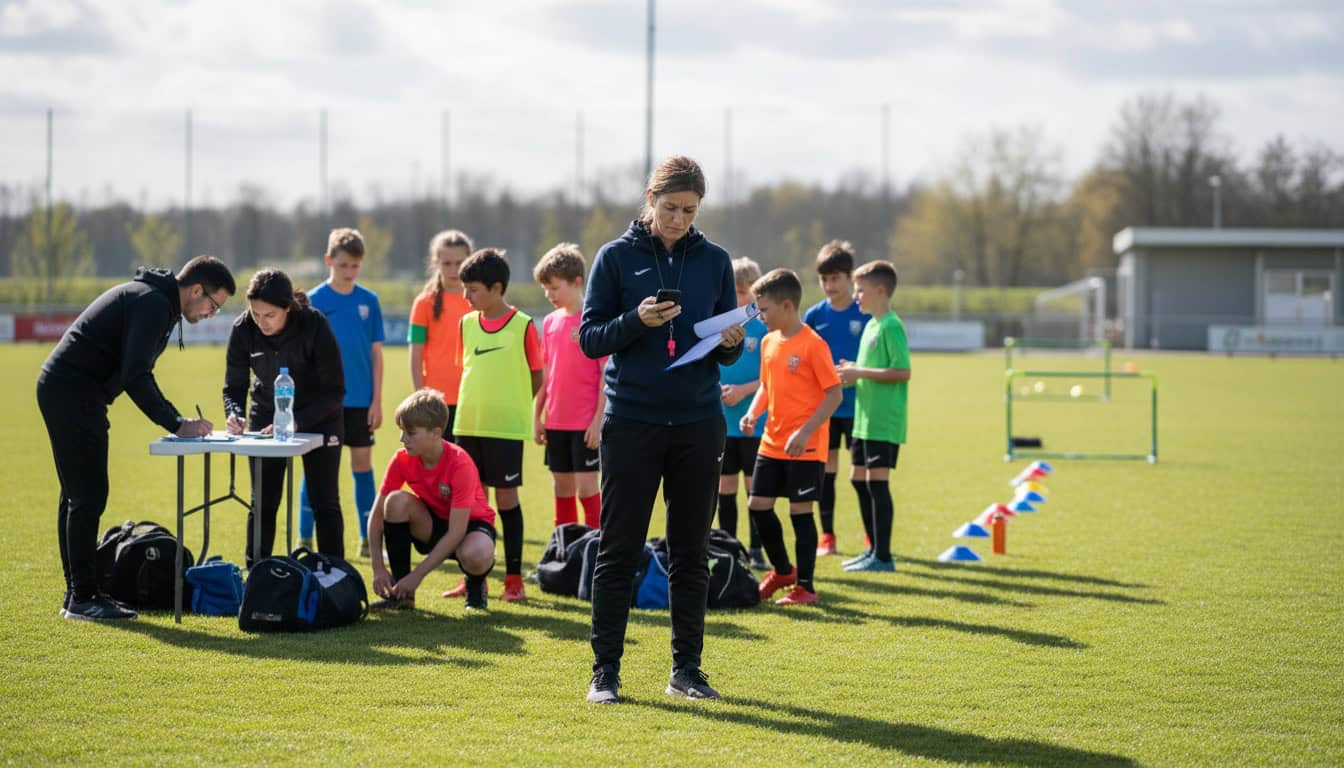 Team manager checking phone for player availability while youth players arrive for training