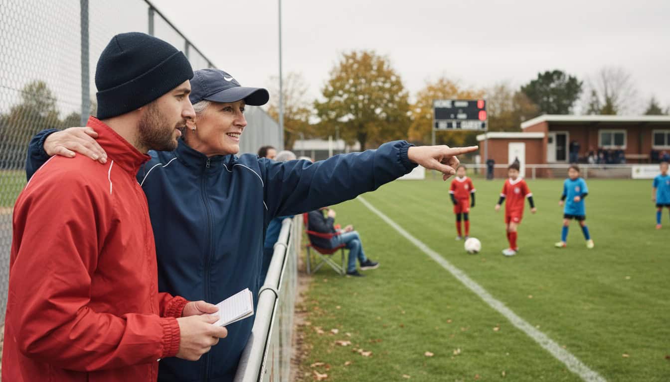 New coach learning from experienced manager on sideline during youth match