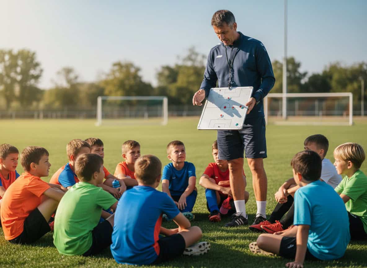 Coach with whistle and tactics board addressing attentive youth players on grass pitch