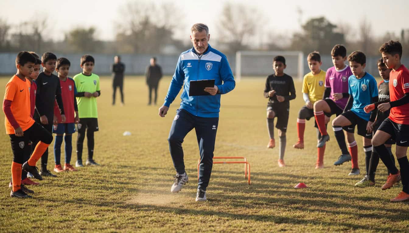 Former player now coaching youth team, demonstrating technique while holding clipboard on grass training pitch