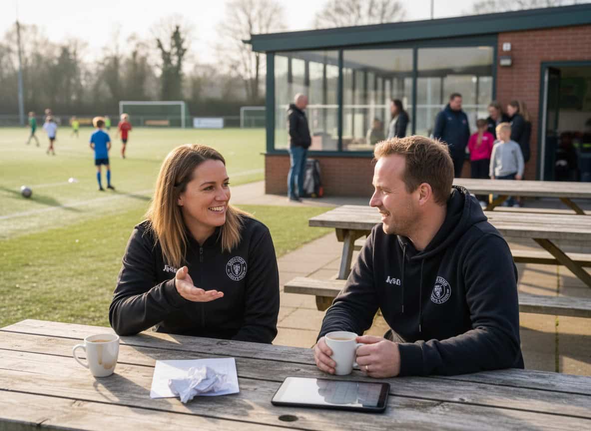 Team managers chatting over coffee after match, planning future fixtures