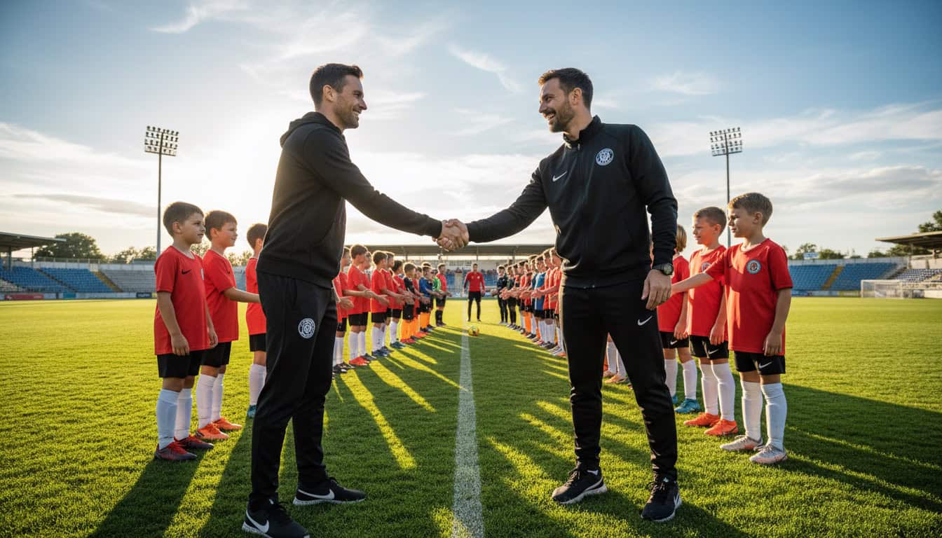 Coaches from both teams shaking hands after youth friendly match with players in background