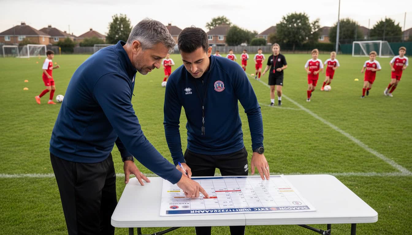 Manager discussing fixture calendar with assistant coach while youth players train nearby