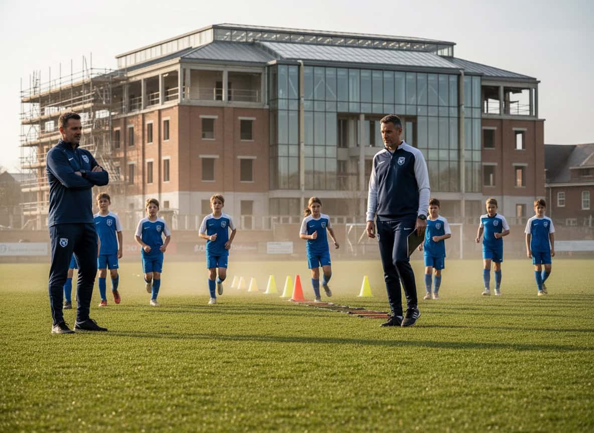 Youth team in preseason training session with coach observing fitness drills