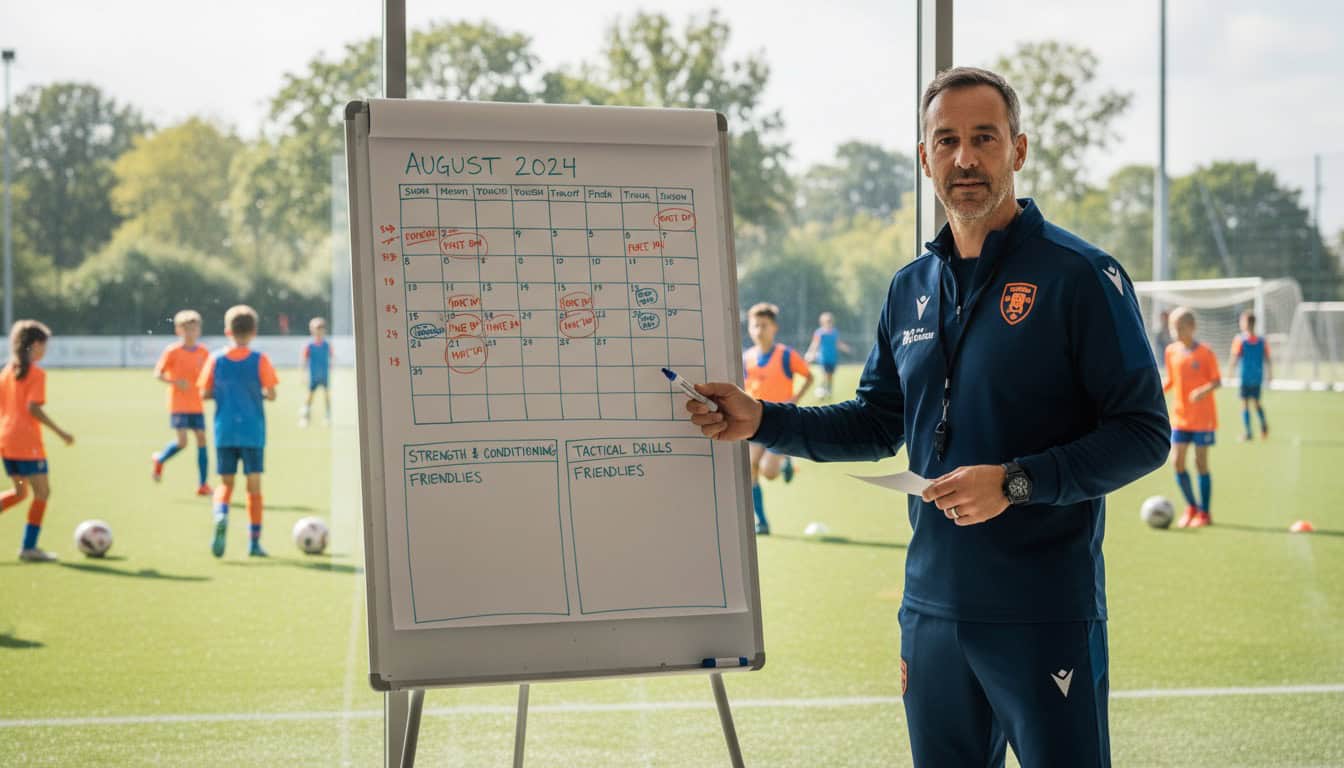 Coach planning preseason schedule on whiteboard with calendar and youth team training in background