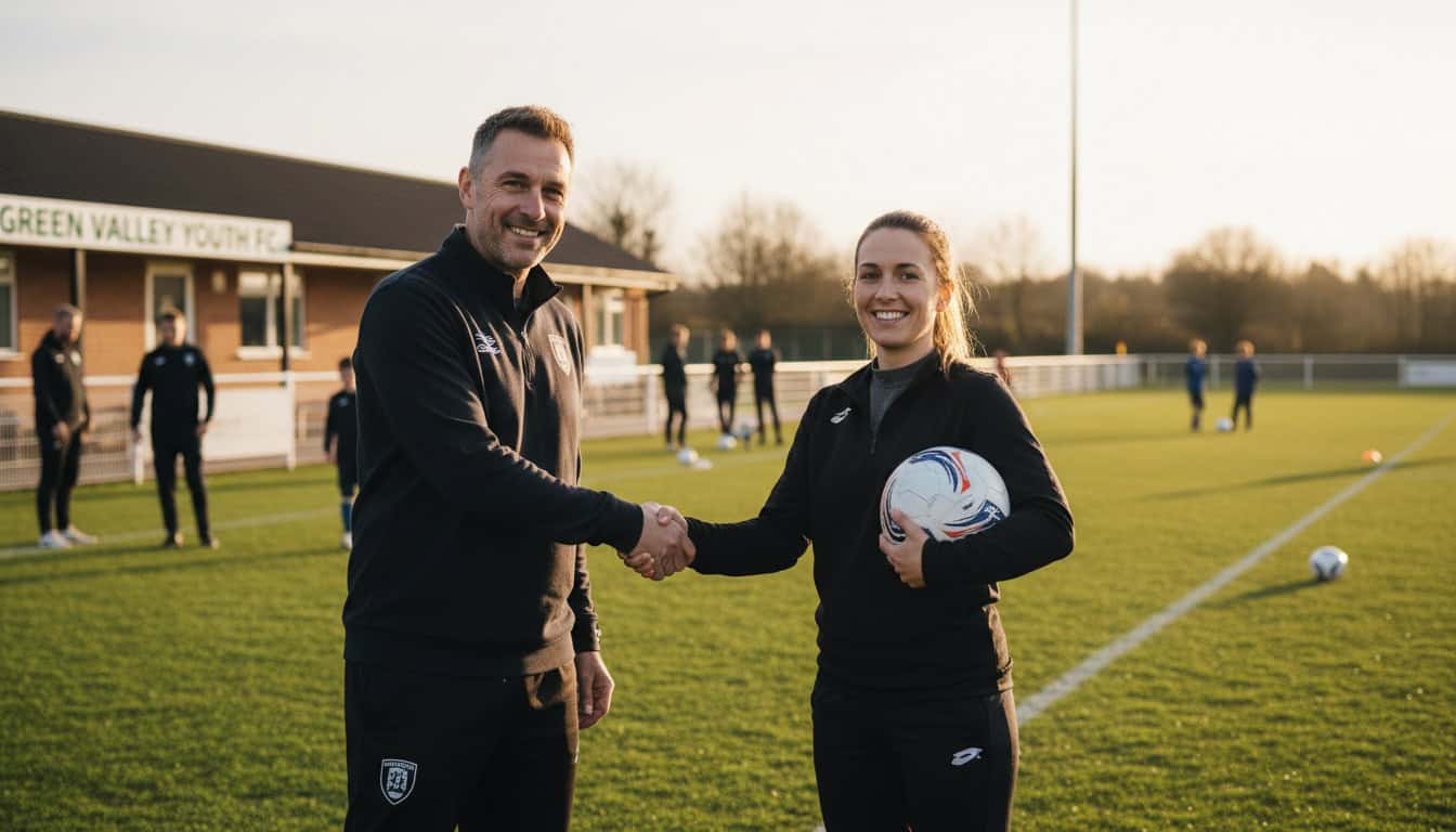 Manager welcoming new parent volunteer to youth football club