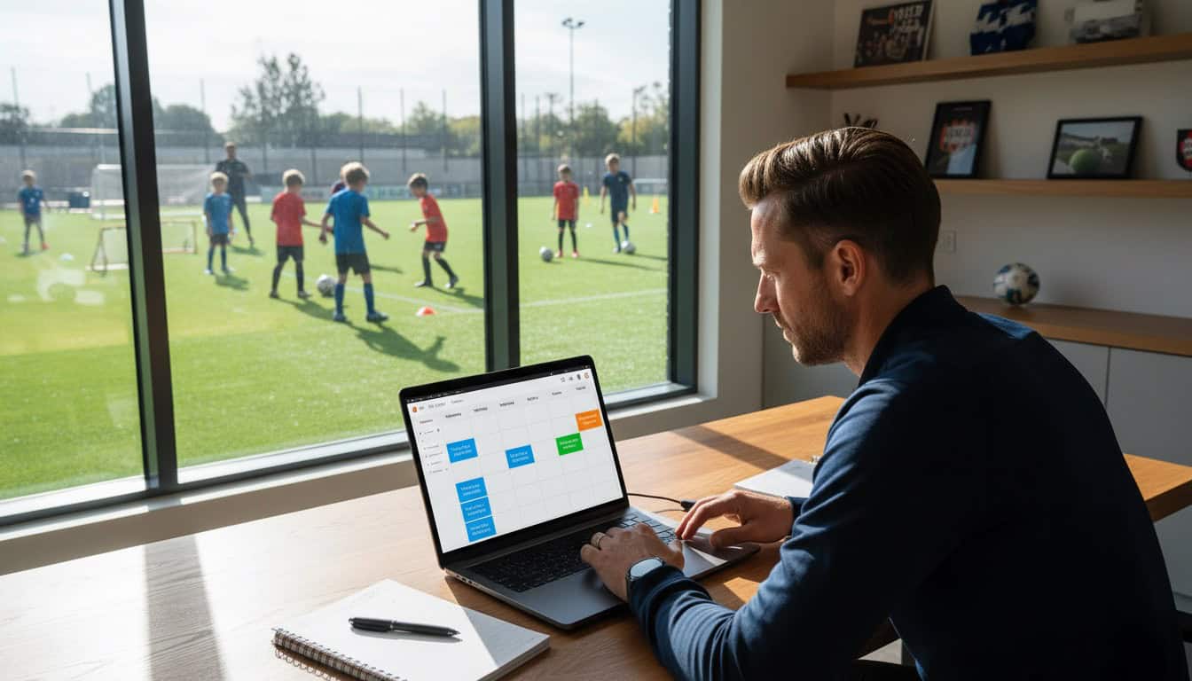 Digital calendar showing weekly recurring training sessions and match slots, coach reviewing schedule