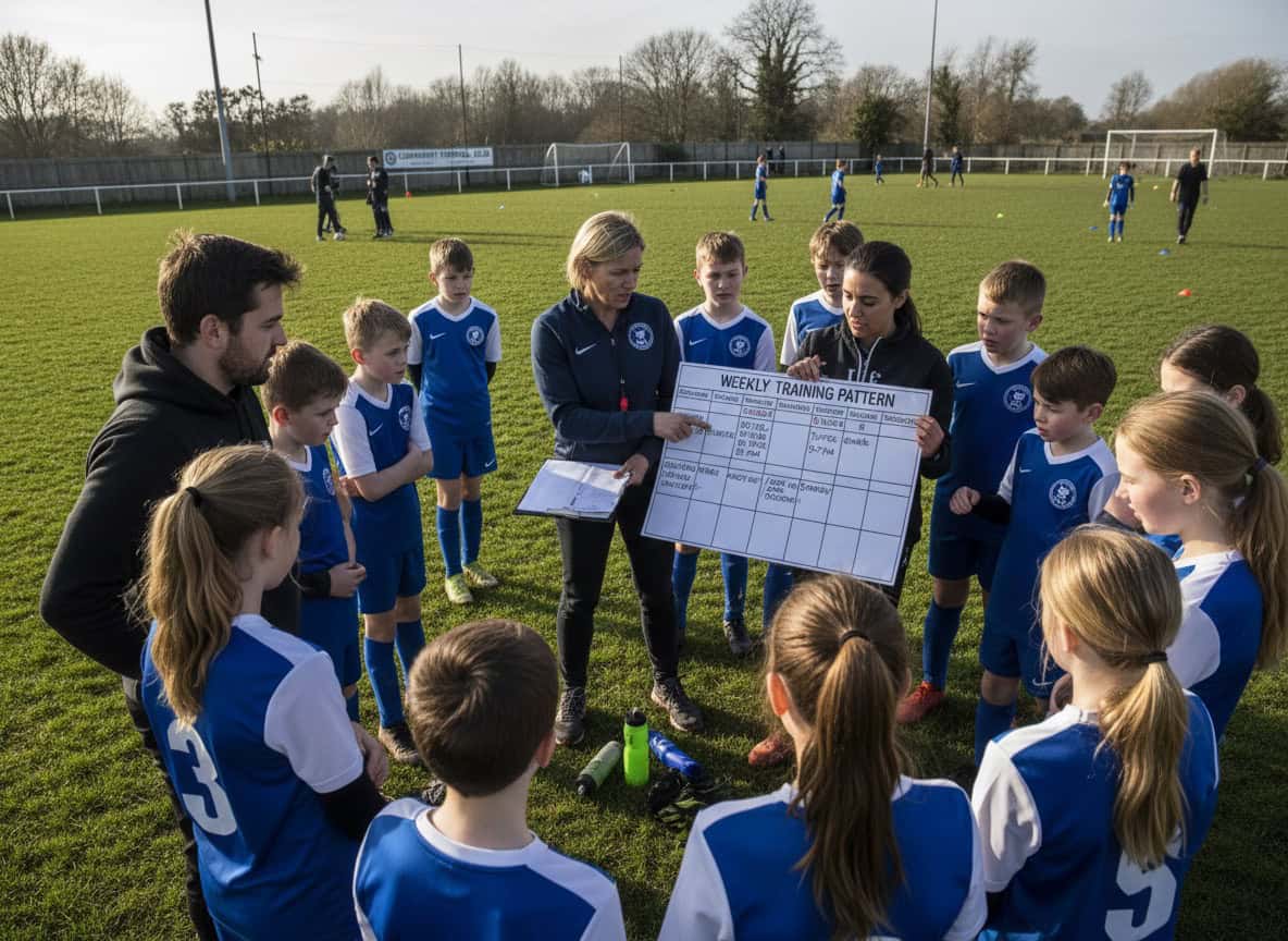 Team manager coordinating with youth players about regular weekly training schedule on grass pitch