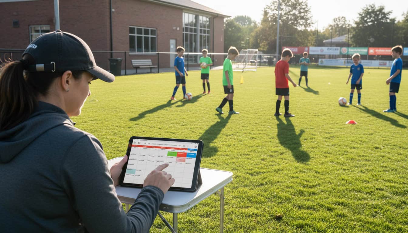 Team manager organizing weekly training schedule with recurring slots on tablet, youth players training on grass pitch