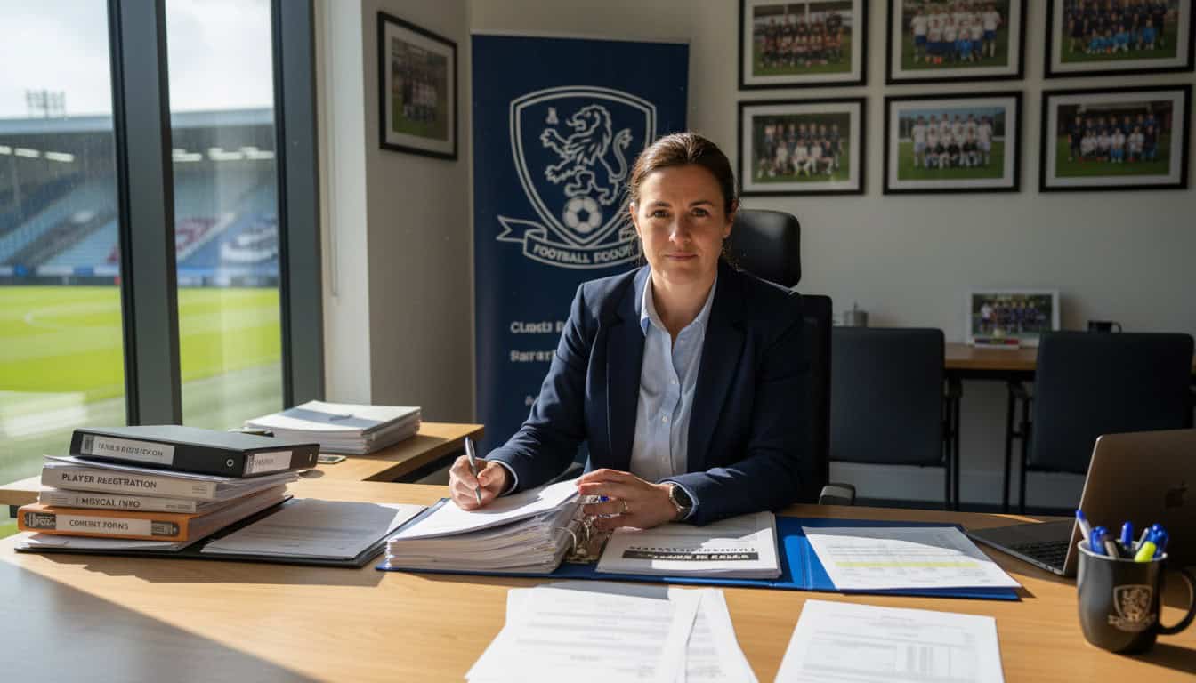 Welfare officer reviewing safeguarding policy documents at desk