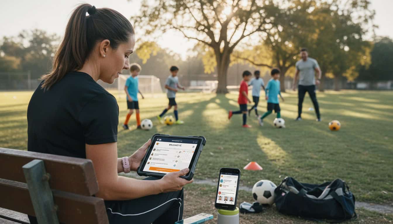 Coach using team management app and communication tools with multiple channels