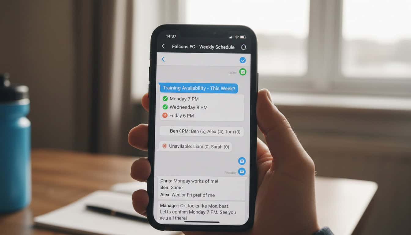 Team manager phone showing availability poll with player responses