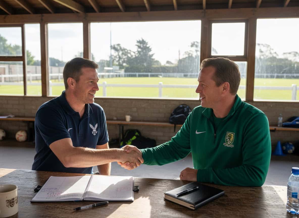 Two team managers meeting to discuss fixture scheduling