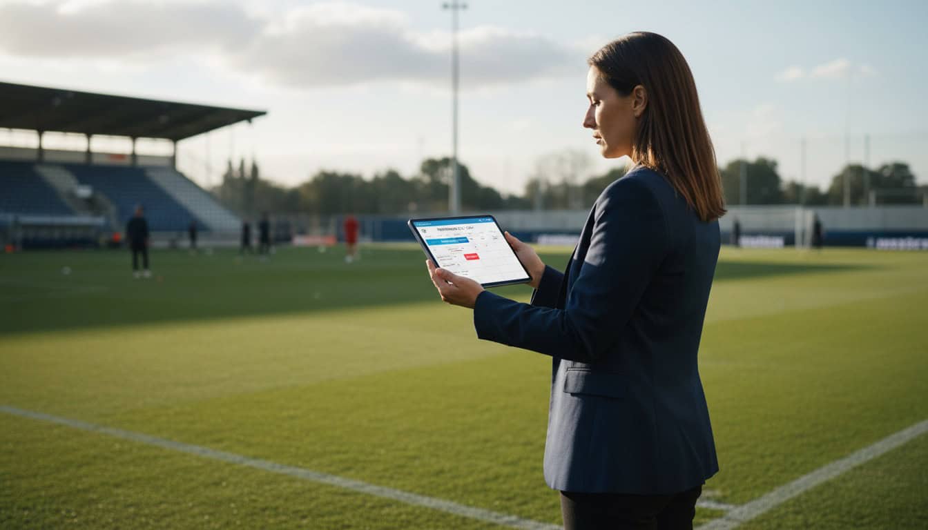 Sports team manager looking at digital calendar on tablet showing match schedule