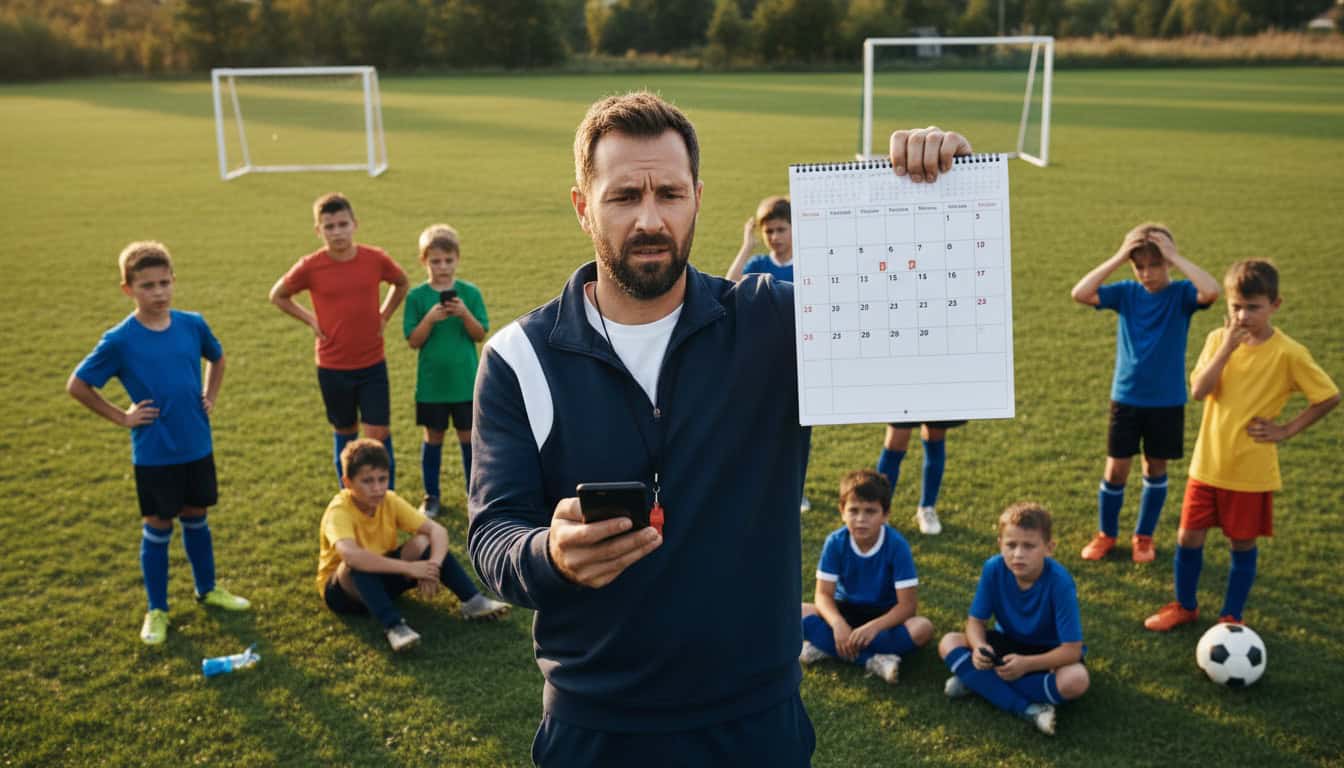 Coach confused about match time with players scattered around, showing communication breakdown on outdoor pitch