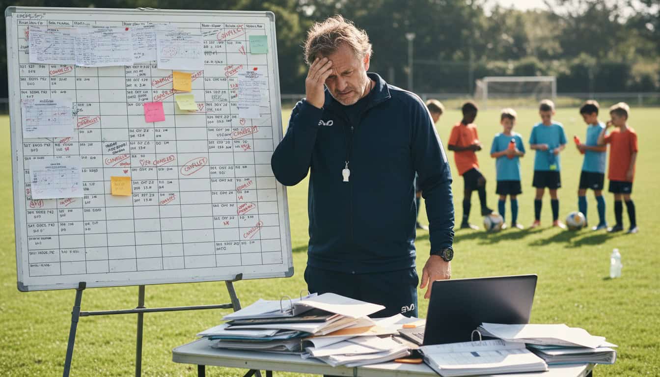 Team manager overwhelmed by scheduling calendar chaos with youth football players waiting in background