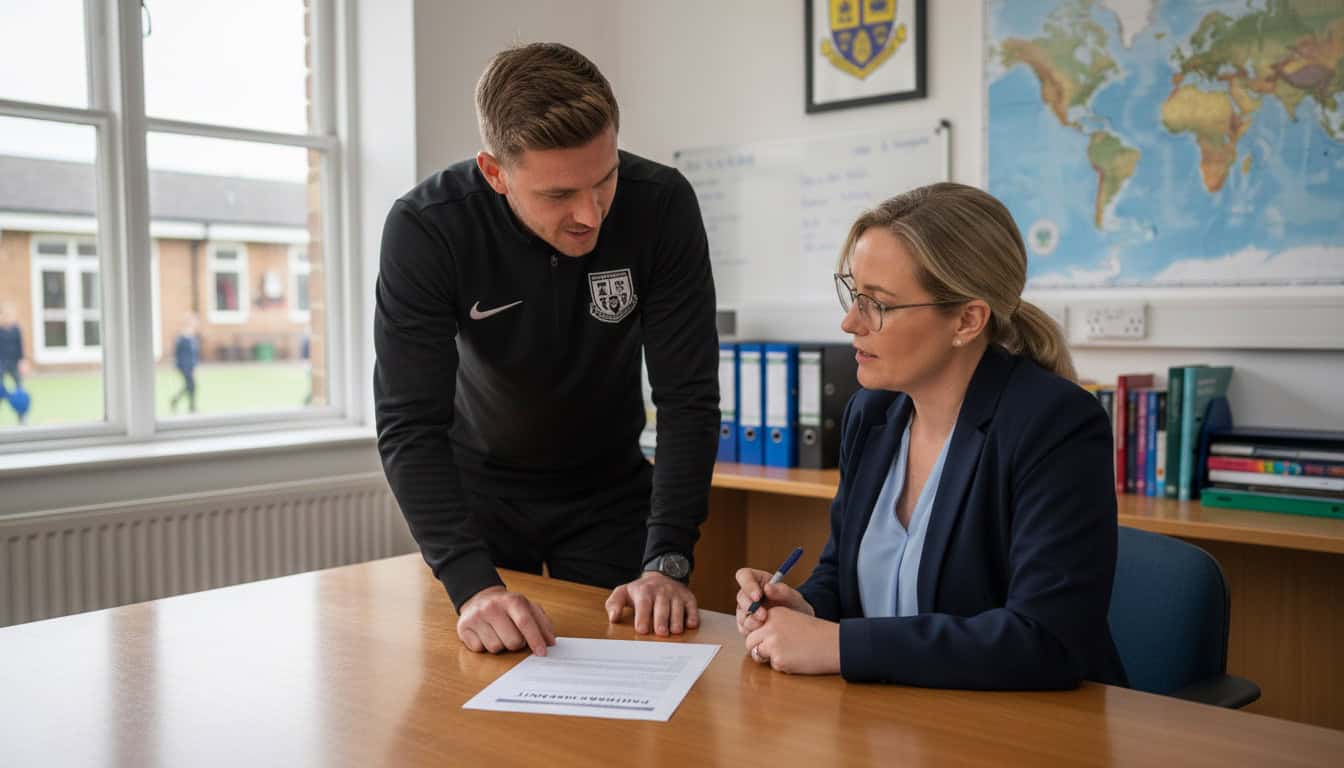 Football academy coach meeting with school head teacher to discuss partnership