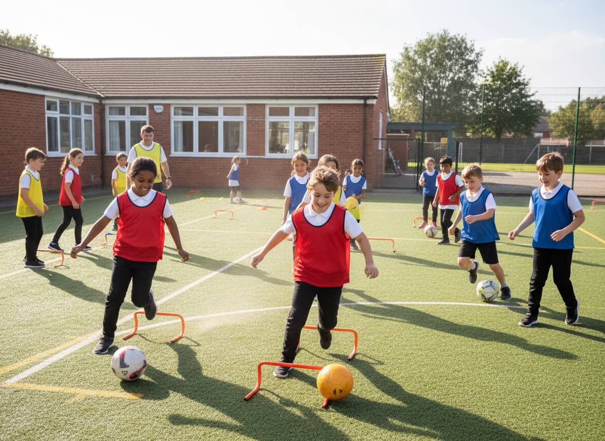 After-school football club session with children practicing drills