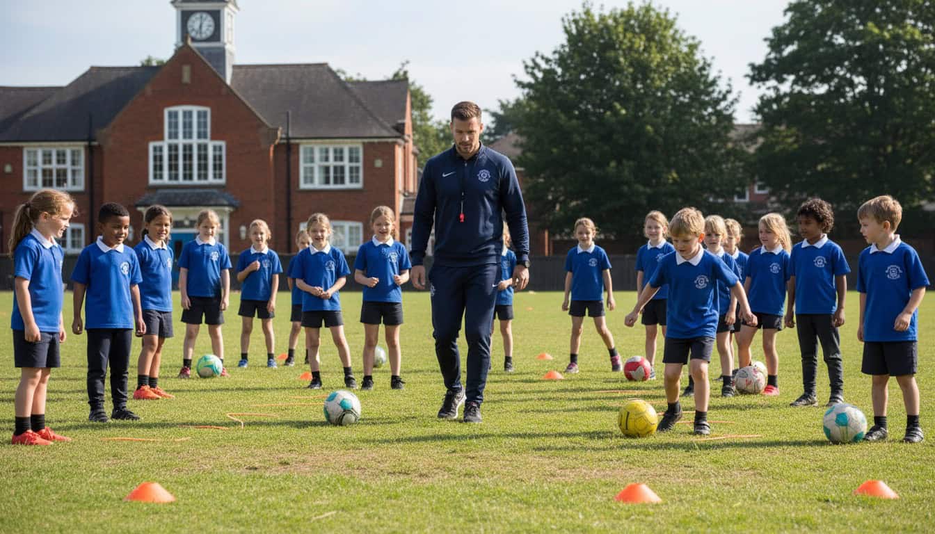 Youth football coach leading PE session with primary school children on school playing field