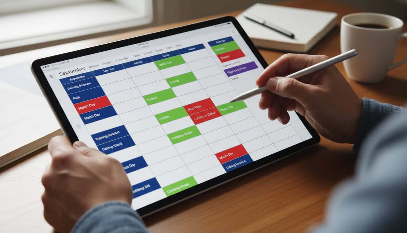 Digital calendar on tablet showing full season schedule with color-coded events