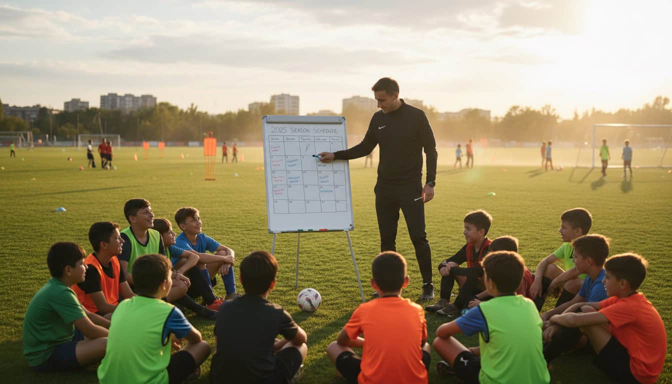 Coach presenting season schedule to youth team with whiteboard calendar