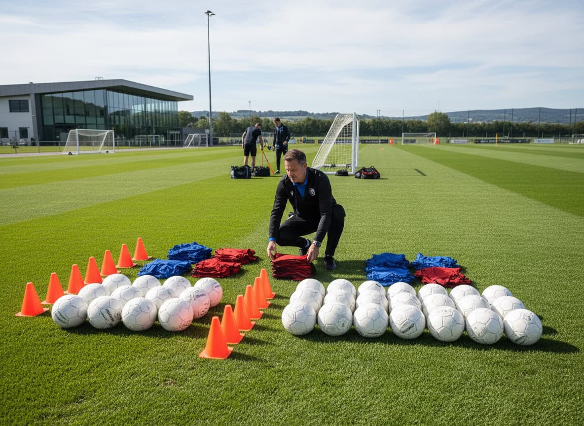 Manager organizing training equipment for new season on grass pitch