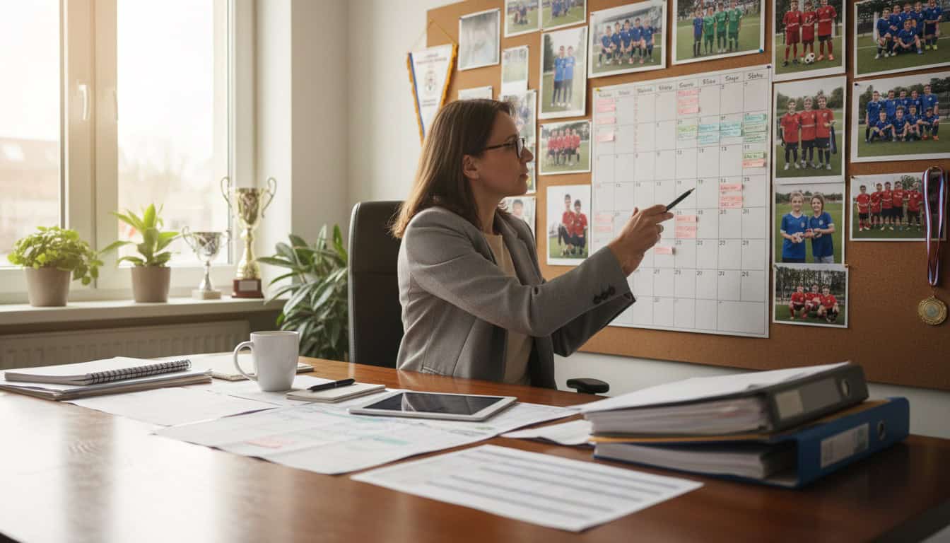 Team manager reviewing season calendar and planning documents at desk