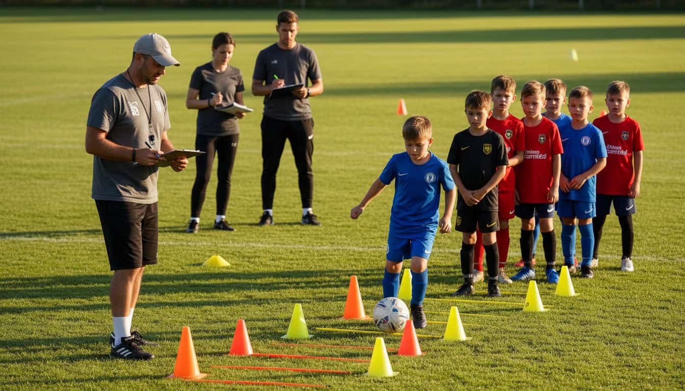 Youth football coach observing players during skill assessment drill